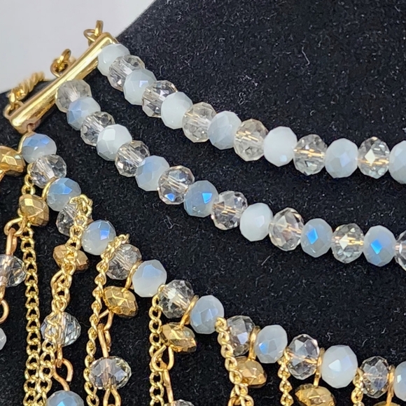 Statement Choker Necklace Earrings Set Cascading Crystal and Chain Waterfall - Picture 5 of 11